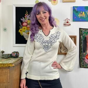 Vintage Cream Acrylic Knit Sweater, 1970s Embellished Casual Hippie Top Sz S